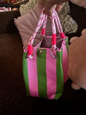 Striped Pink and Green Canvas Tote Handbag
